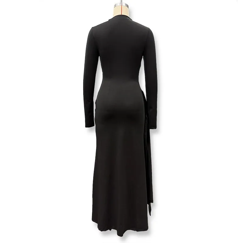 Patchwork Gerafftes Bandkleid für Damen Sexy Rollkragen Elegantes Hochgeschnittenes Abendkleid mit Langen Ärmeln – Detail 8