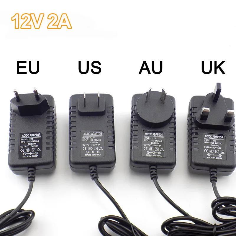 5.5mmX2.5mm DC Plug AC to DC Power Supply Adapter 12V 2A 100-240V Charger Adapter for CCTV LED Strip Lamp US EU AU UK Plug