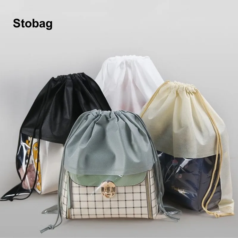 

StoBag 5pcs Non-woven Drawstring Pouch Dustproof Bags Storage Reusable with Clear Window Travel Organizer Pocket Logo(Extra Fee)