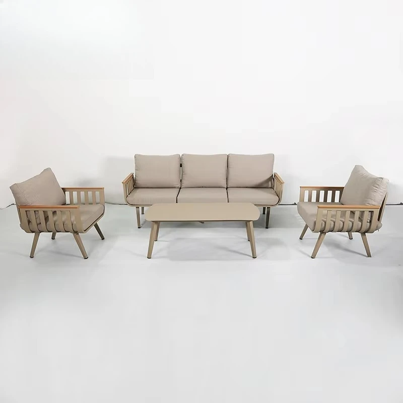 أريكة صالة مقاومة للماء باللون البيج والأسود الفاخرة الحديثة من الألومنيوم للحديقة والفناء والأثاث الخارجي طقم أريكة مقطعي للفناء #4