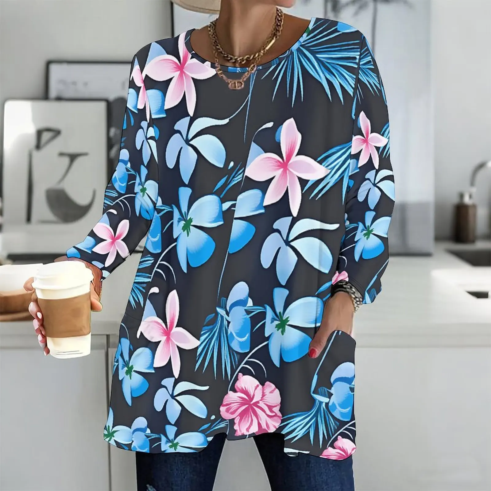 Printed Top for Women Round Neck Long Sleeve Front Pockets Loose Fit Longline