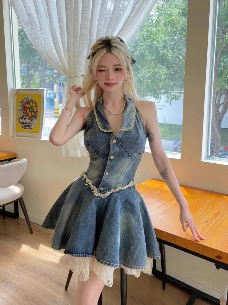 

Y2K Clothes 2000s Vintage Lace Patchwork Halter Neck Dress Sexy Denim Dresses High-End A-Line Mini Dress High-Waisted Blue