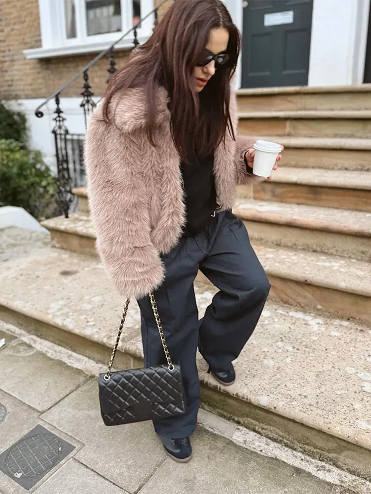 Fluffy Thick Solid Faux Fur Coat Ladies Furry Warm Lapel Long Sleeve Coats 2024 Autumn Winter Women High Street Office Overcoats