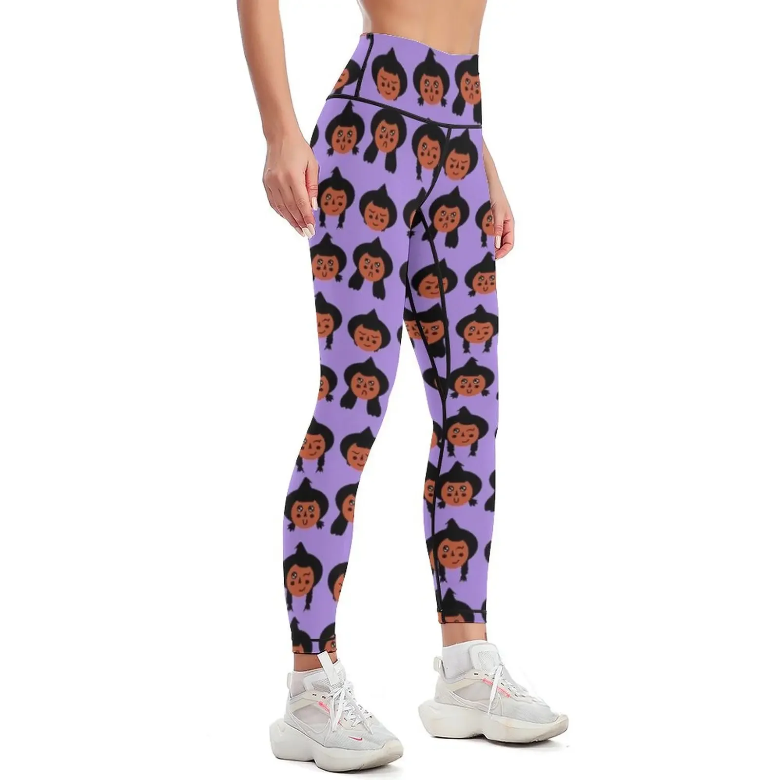 Burnt Orange & Pastel Purple Cute Witch Faces Pattern Leggings sportswear gym sports for gym Women's sportswear Womens Leggings