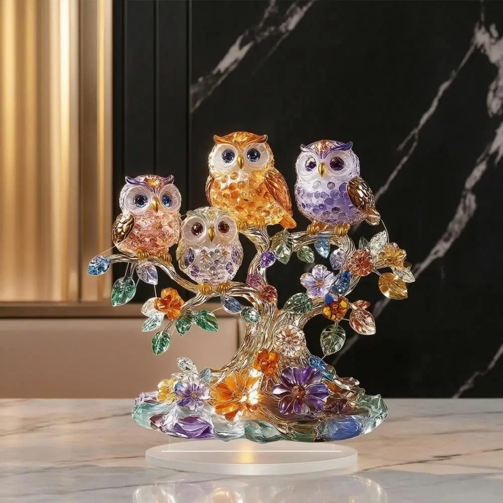Owls Perched Tree Ornament, 2D Acrylic Owl Decoration with Base, Colorful Owl Flower Tree Ornament for Desktop Bookshelf Decor