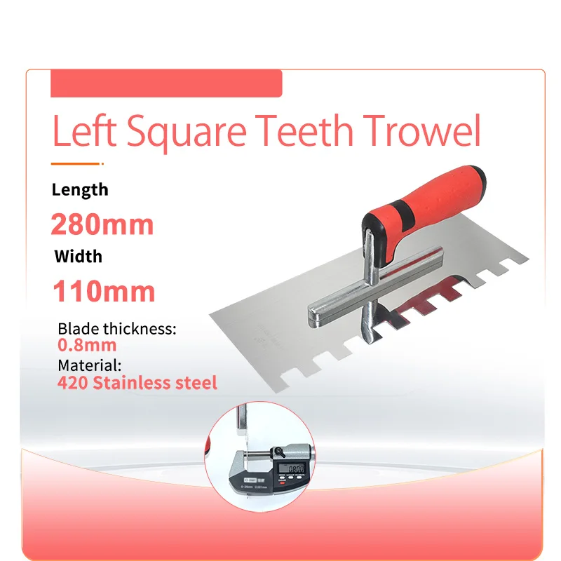 Imagem -02 - Esquerda 15 mm Dentes Quadrados Espátula de 280 mm Alça de Plástico Ferramentas de Construção Drywall Gesso Putty Faca Telha Varas Aço Inoxidável