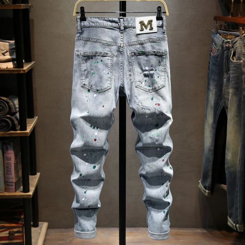 Street Designer Fashion Men Jeans Retro Washed Blue Stretch Slim Fit Painted Ripped Jeans Men Y2K Hip Hop Vintage Denim Pants