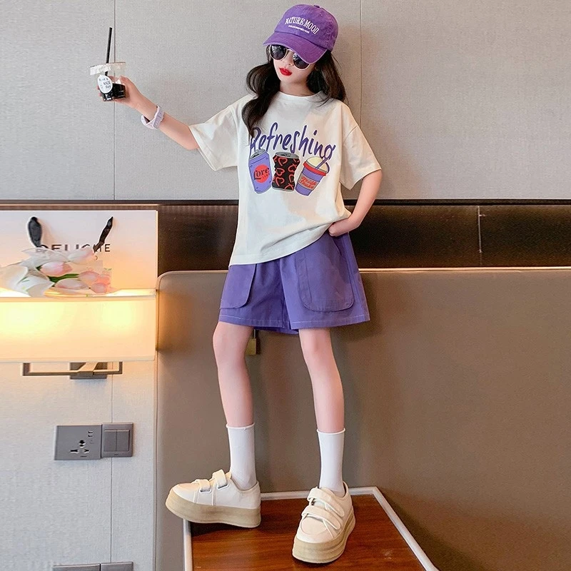 

Girls' summer clothing set, summer outfit for older children, short-sleevedtT-shirt, top, shorts, two-piece sports outfit for fe