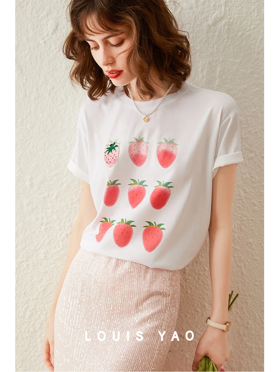 LOUIS YAO Women T-shirt 2024 Summer New Round Neck Short Sleeve Print Strawberry Loose Casual Fashionable Basic Women's Top