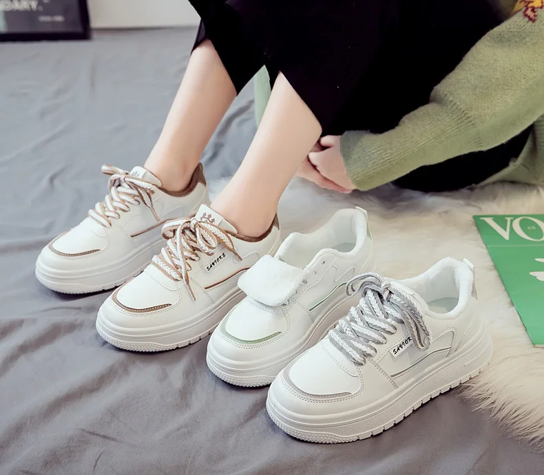 Board shoes for women new autumn and winter thick soles with plush cotton shoes for students versatile casual sports white shoes