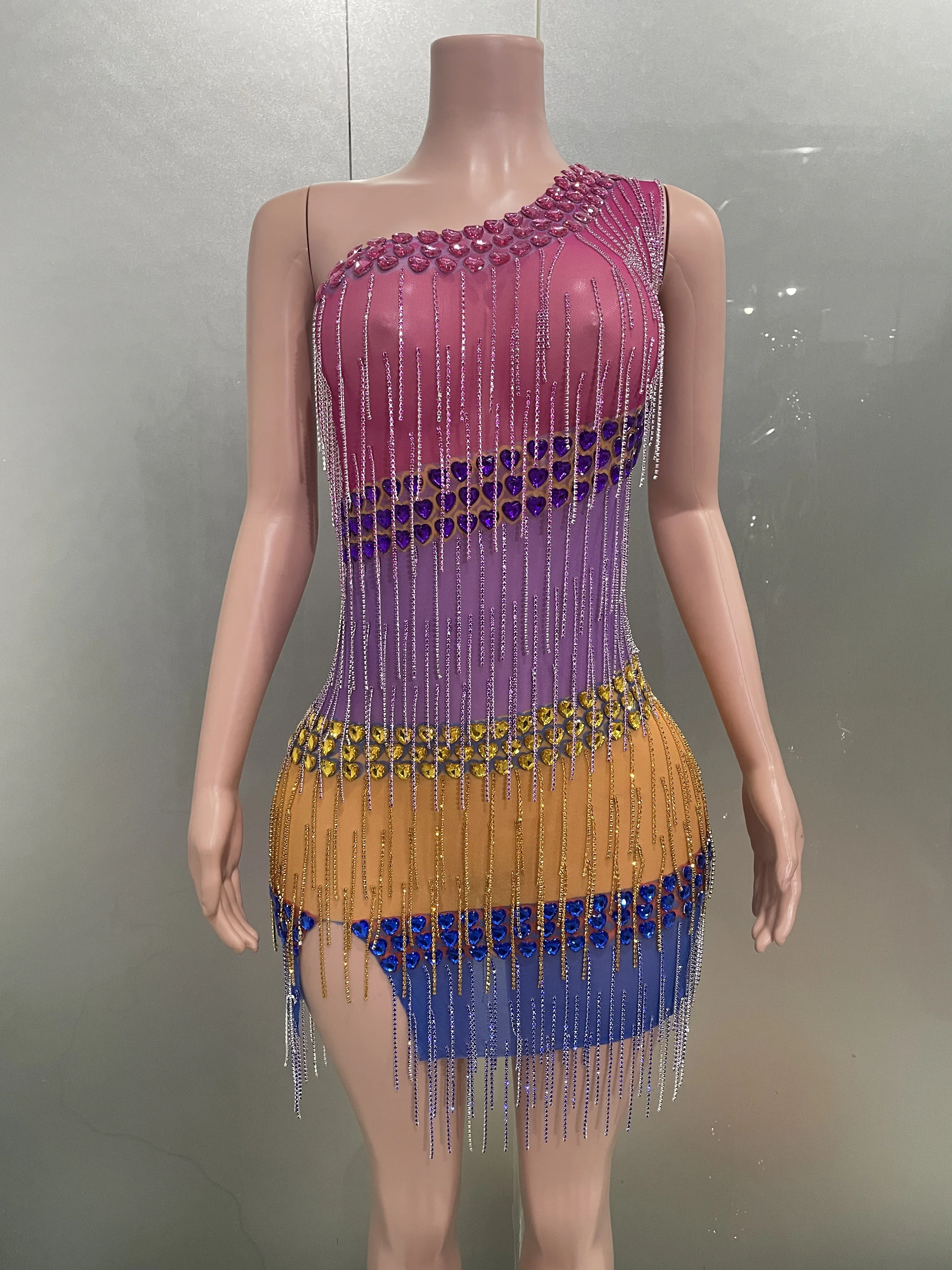 

Sparkly Colorful Rhinestones Chains One Shoulder Short Dress 2025 Women Sexy Evening Celebrate Birthday PhotoShoot Stage Costume