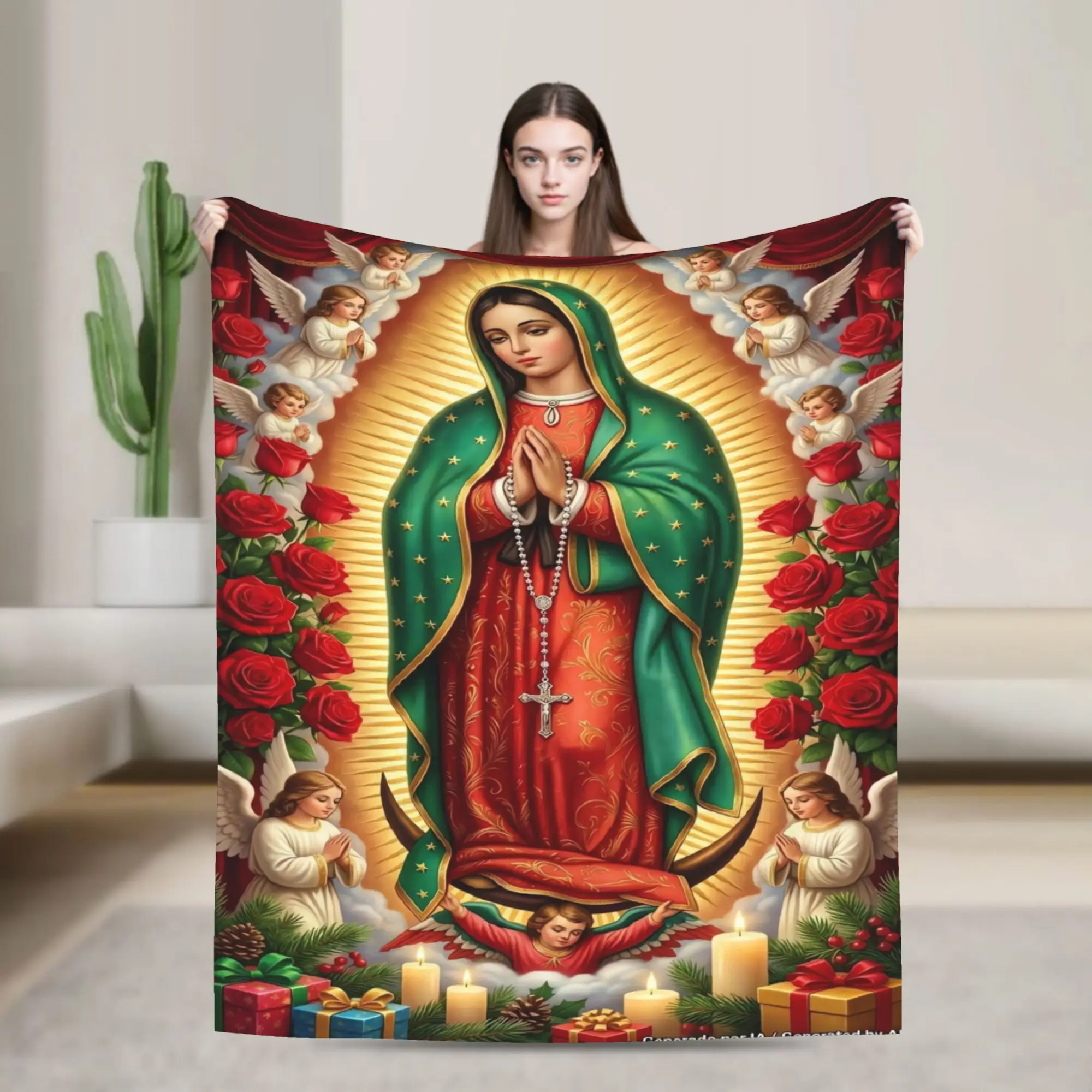 Virgin Mary Cherubs Rose Warm Soft Blanket  Airplane Travel Plush Throw Blanket Couch Chair Flannel Bedspread Sofa Bed Cover