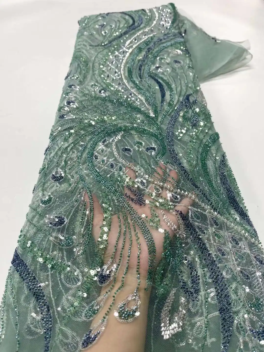 Green Color Top Selling French Nigerian Shinny  Sequins Beads Lace Fabric 5JRB-42402 Embroidered Lady Show or Party Dress