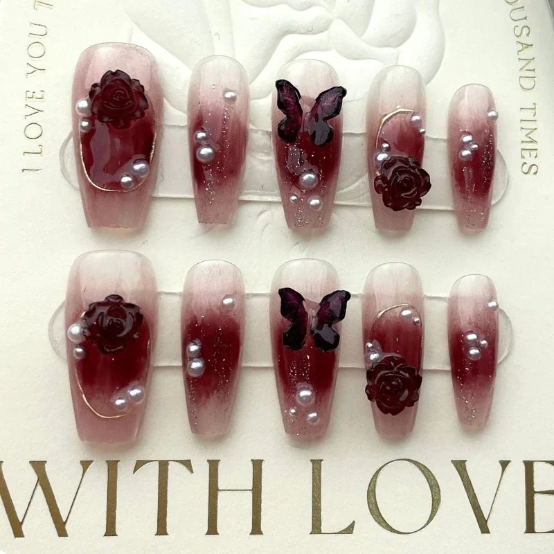 10PC Wearable Wine Red Camellia Butterfly Fake Nails with tool handmade acrylic press on nails short ballet false nail with glue