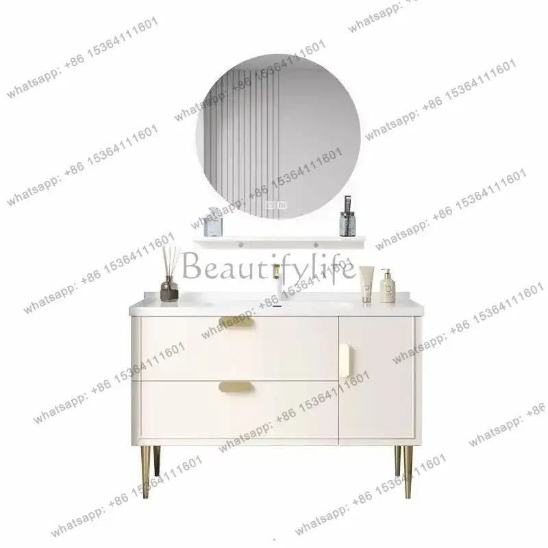 

Simple light luxury solid wood bathroom cabinet combination bathroom washstand ceramic integrated basin bathroom cabinet