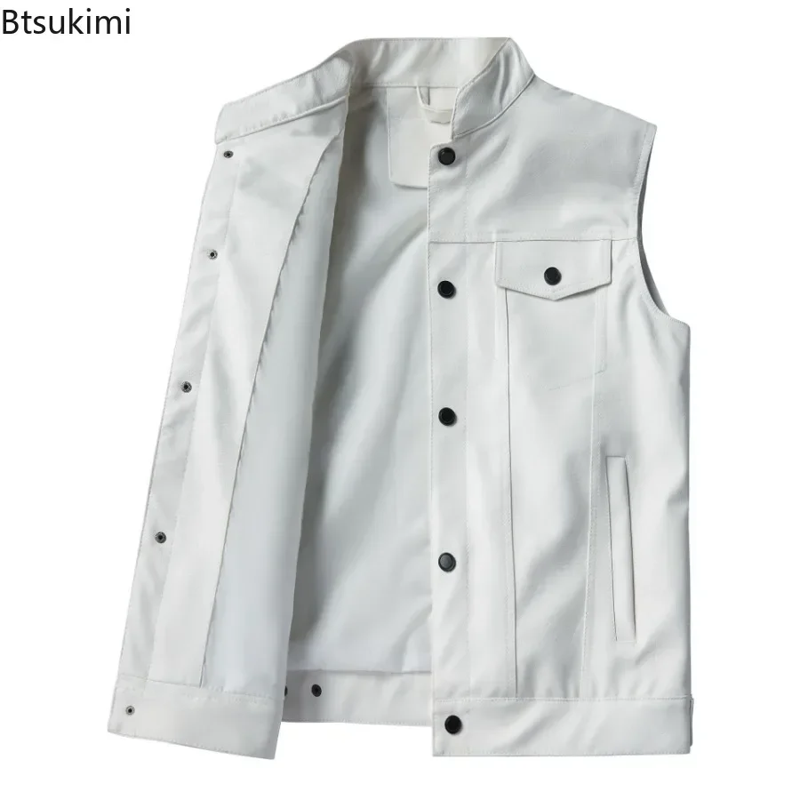 2025 Men's Trendy Solid Faux Leather Vest Motorcycle Stand Collar Sleeveless PU Leather Vest Jacket Multi-pocket Punk Vest Coats