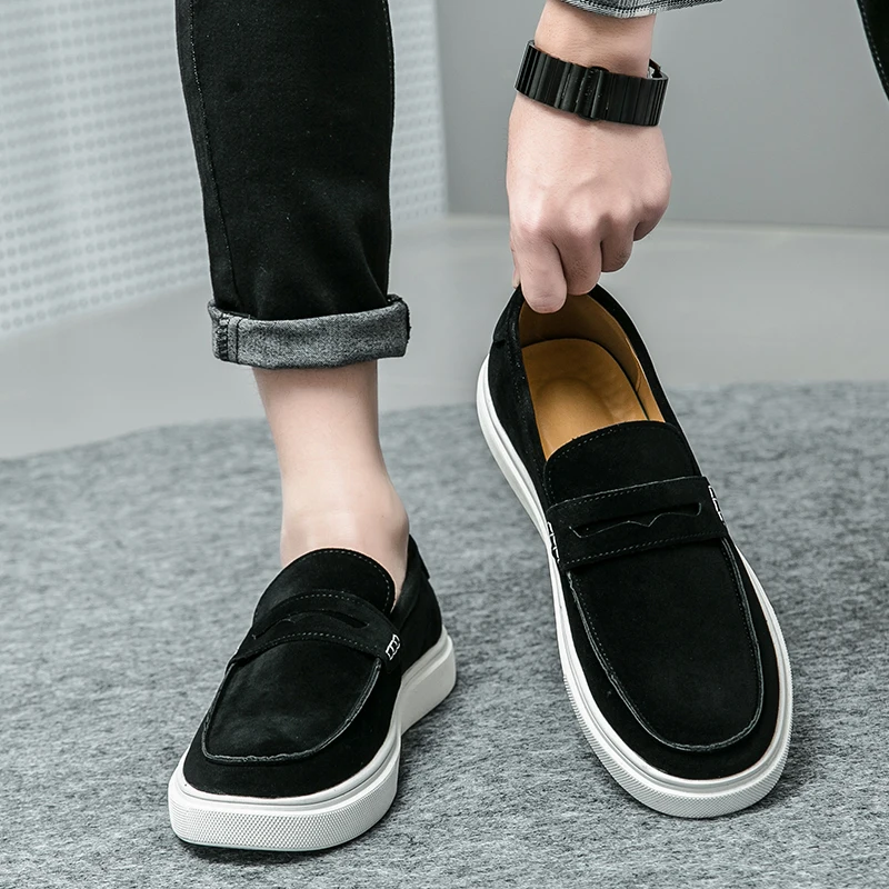 Fashion Trends Mens Black Loafers Shoes Suede Slip on Casual Dress Man’s Shoes Wedding Office White Soled Leather Shoes High-end