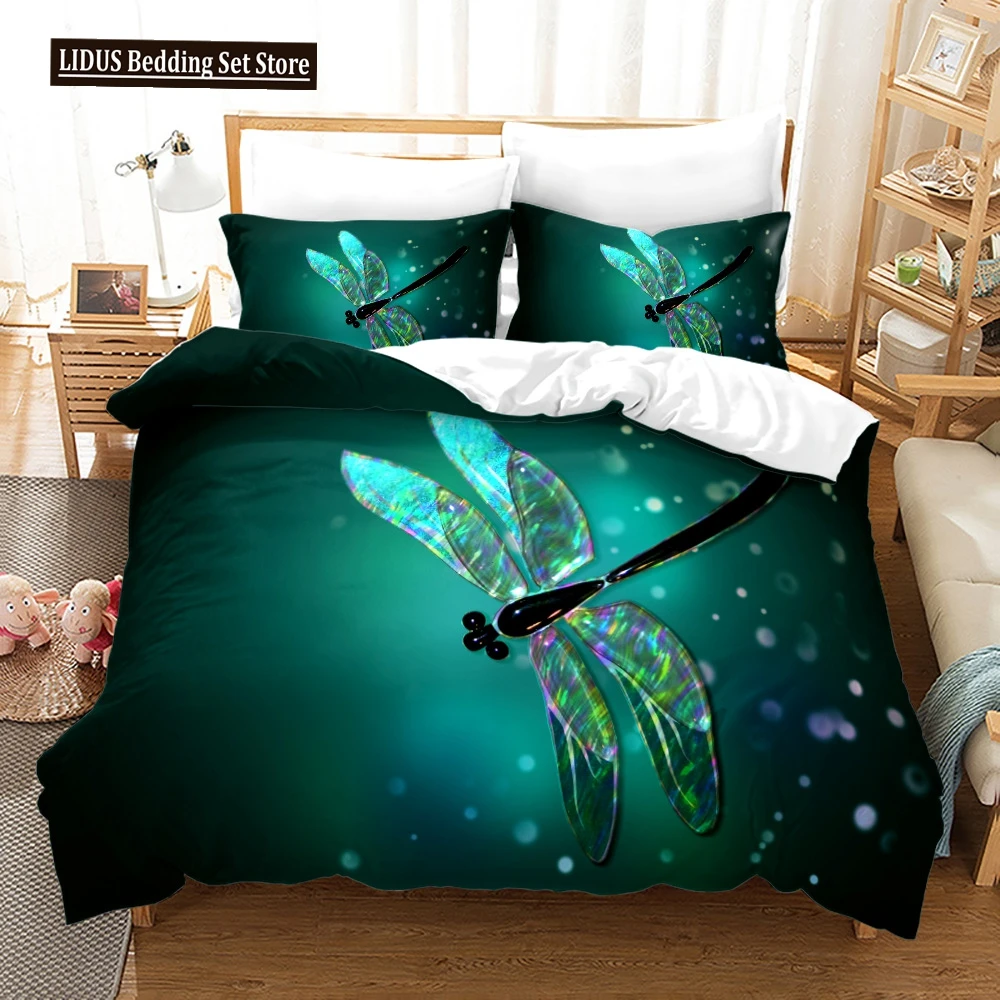 

Dragonfly Polyester Duvet Cover Set King Queen Size Giant Dragonfly On Lake Bushes Nature Exotic Picture Art For Kid Boy Girls