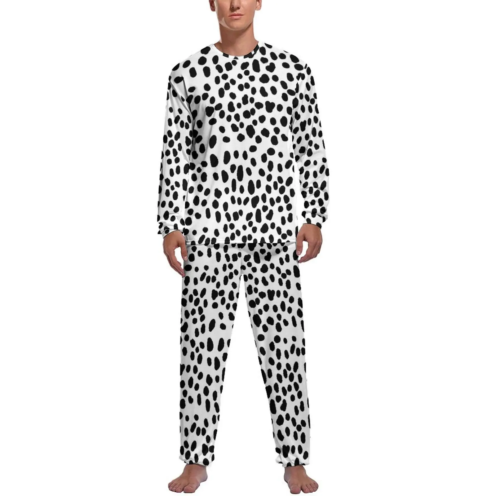 

Dalmatian Spots Pajamas Long Sleeve Black And White 2 Pieces Leisure Pajamas Set Winter Man Printed Cool Nightwear