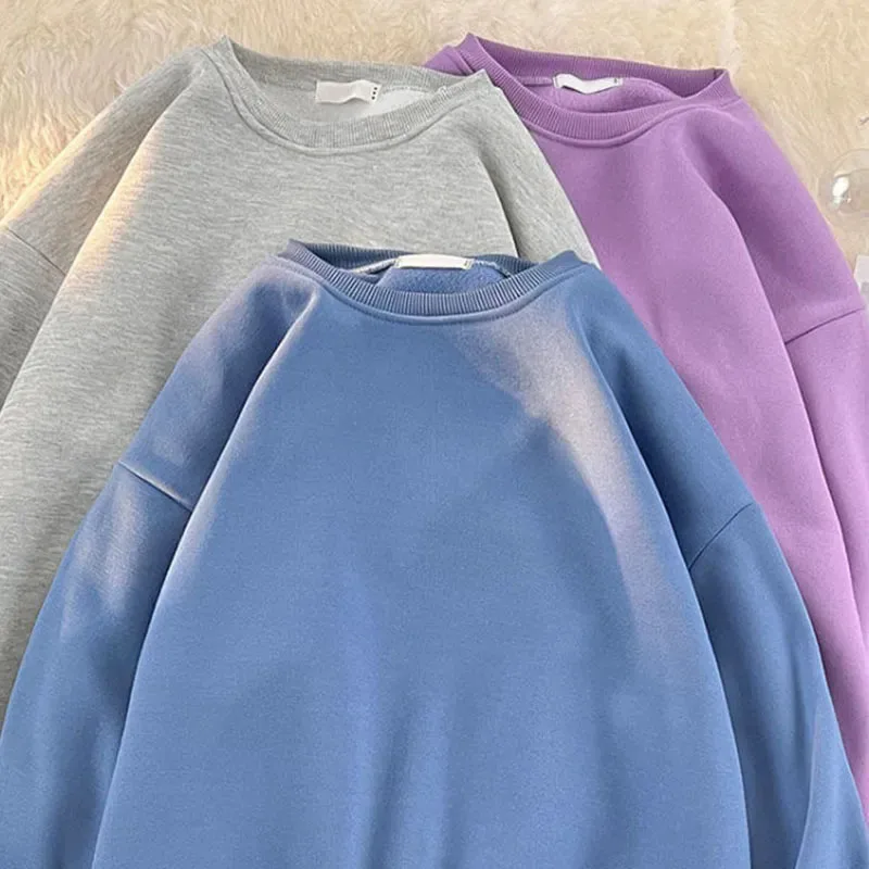 Fashion Solid O Neck Sweatshirts Woman Autumn Korean Drop Shoulder Long Sleeve Couple Hoodie Oversized Loose Casual Pullovers