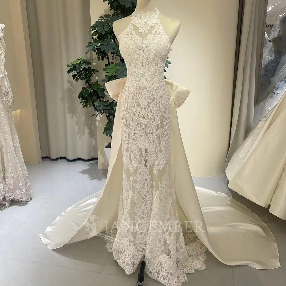 

Vintage Mermaid 2025 New Design Bohemian Wedding Dresses Customized Halter Lace Bridal Gowns Over skirt Vestido de novia
