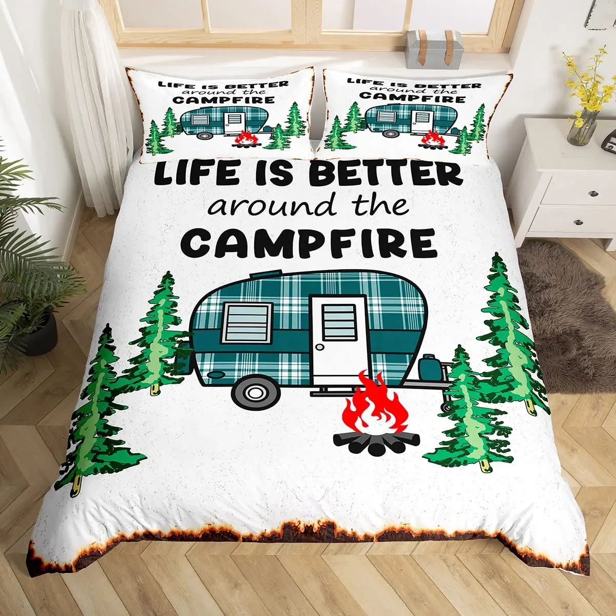 

Happy Camping Duvet Cover Camper Bedding Set Plants Outdoor Travel Adventure Comforter Cover Camper Car Blue Sky Quilt Cover