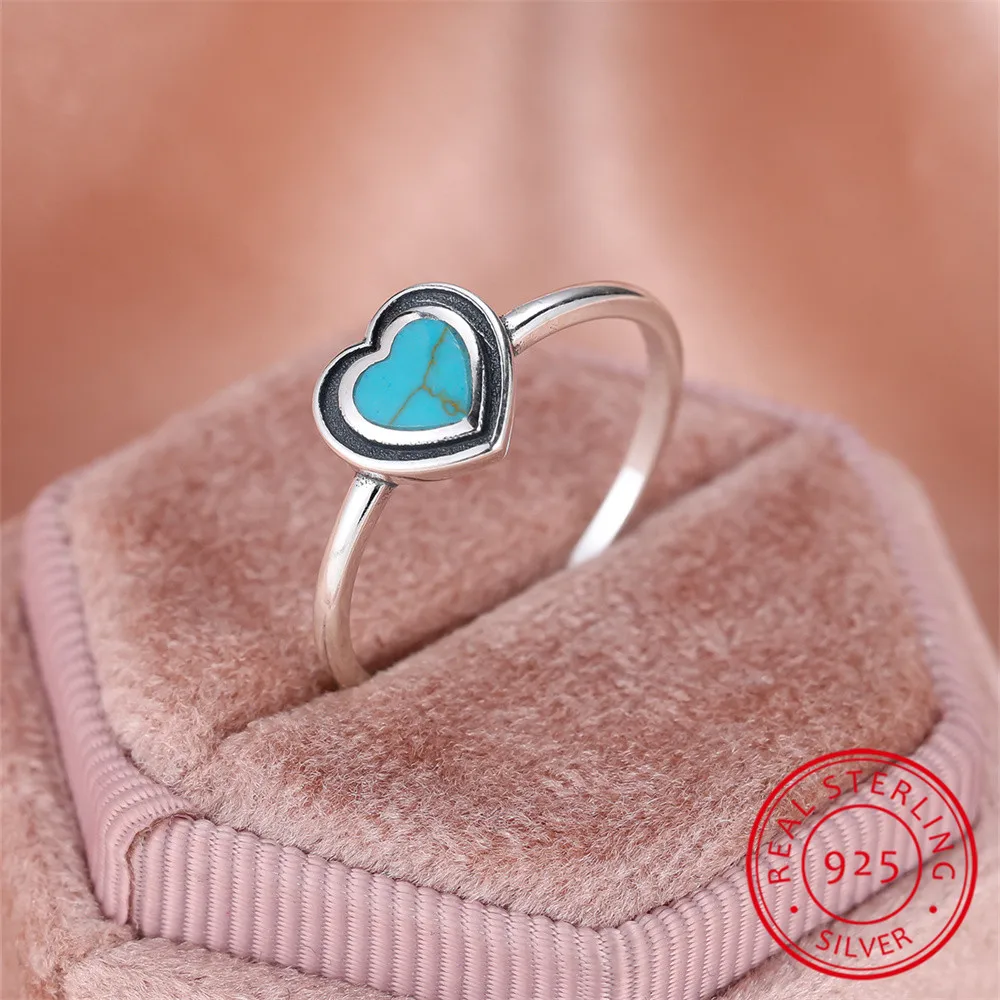 Blue Turquoise Love Heart Ring Real 925 Sterling Silver Engagement Rings For Women Wedding Band Jewelry Valentine's Day Gift