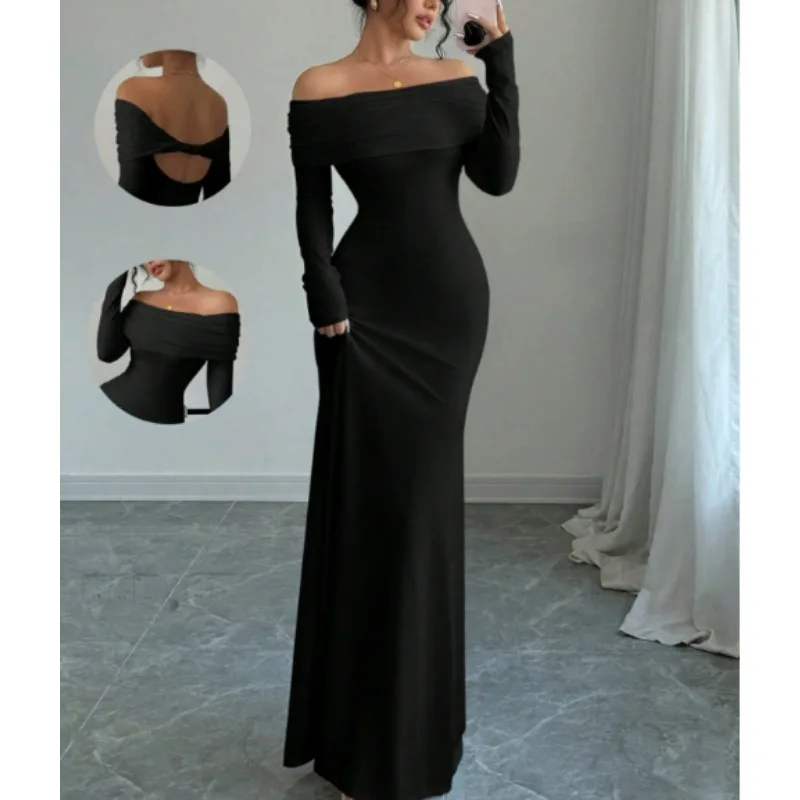 Vestido de noche clásico personalizado de Jersey rosa, vestido de fiesta con espalda abierta y espalda descubierta de manga larga sin tirantes de alta calidad