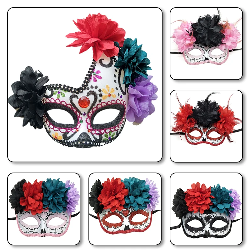 Female Prom Masks Halloween Party Props Mexican Day Of The Dead Cosplay Costume Female Masquerade Mask Skull Flower Eye Mask