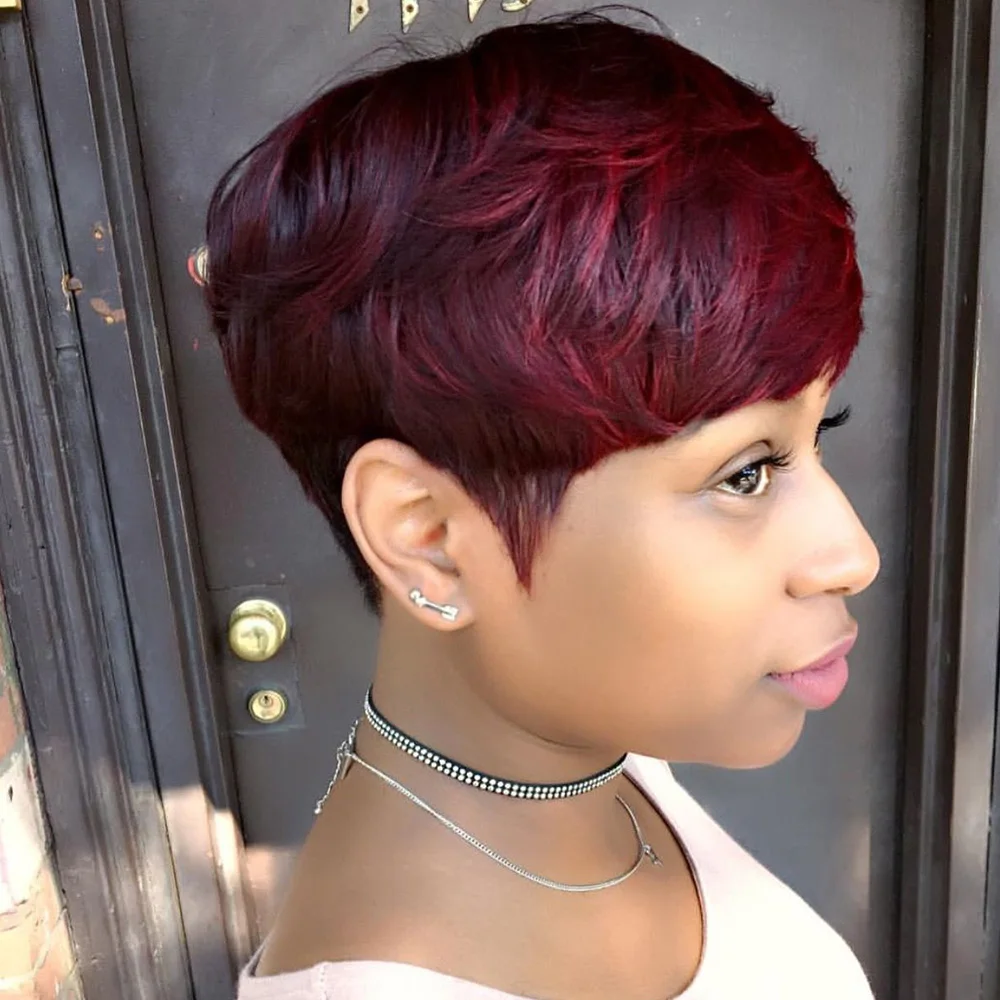Pixie Cut Wig Short Layered Burgundy Human Hair Wigs With Bangs Full Machine-Made For Natural Look Casual Wig