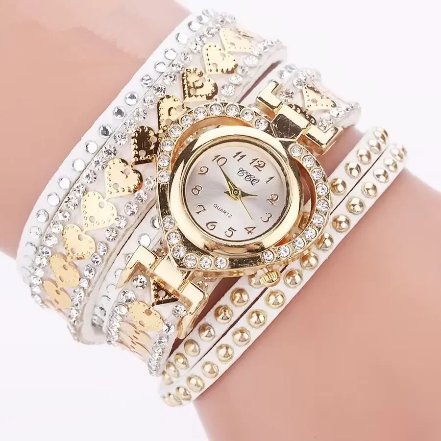 ABC2026 Casual Fashion Korean Faux Fur Embellished Diamond Heart Watch Dial Bezel Bracelet Wristband for Women with Long Strap