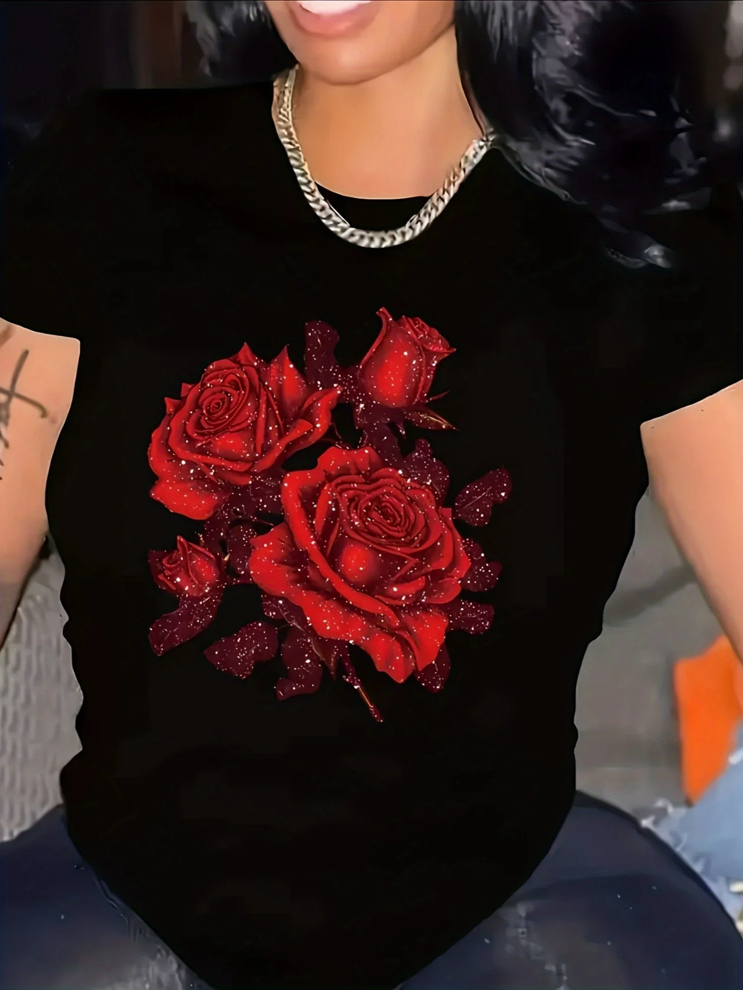 T-shirt noir élégant pour femme, grande taille, avec motif Rose rouge scintillante, mélange décontracté en polyester et élasthanne, manches courtes, rond