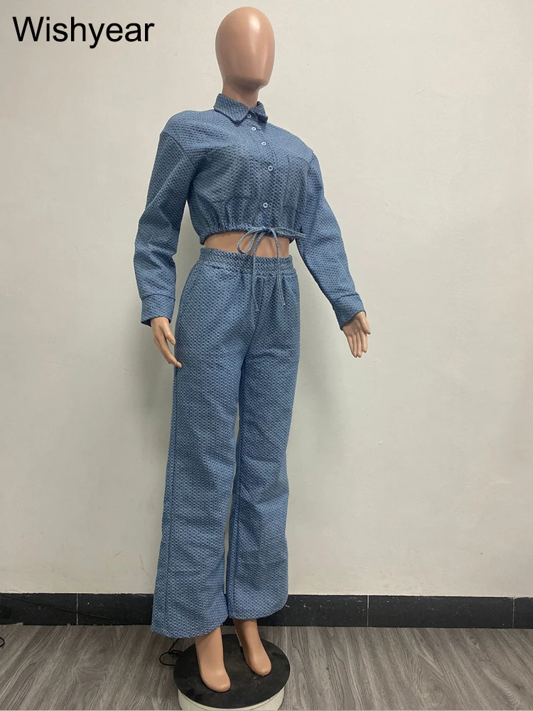 Elegante Denim zweiteilige Set Frauen Langarm Knöpfe Kordel zug Jacken Crop Top weites Bein Hosen Jeans passt Streetwear Outfit