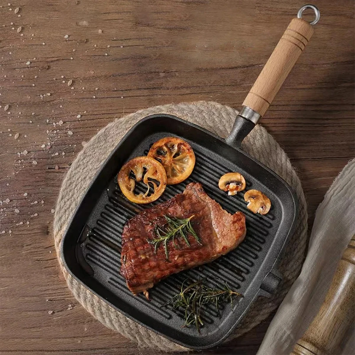 Cast Iron Steak Frying Pan, Uncoated And Non Stick, Household Stripe 24Cm Special Pan For Frying Beef Steak, Flat Bottomed Pan