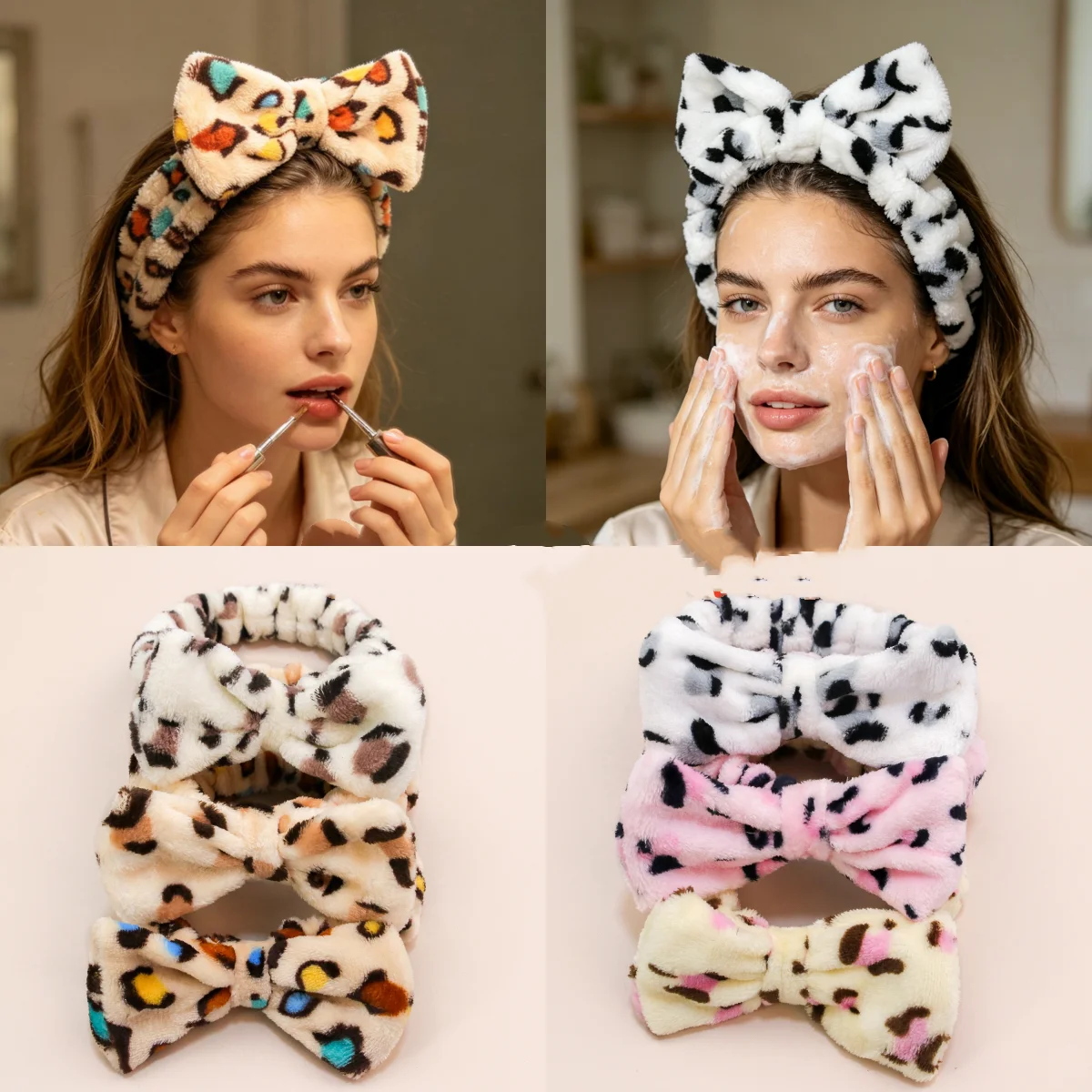6 piece, leopard print bow plush headband for women, face wash, makeup, skincare, wide and soft headband hair accessory.