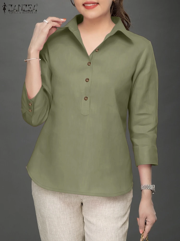 

Винтажные рубашки с лацканами и рукавами 3/4, 2025 ZANZEA, летние офисные женские блузки, повседневные однотонные рабочие OL Blusas, топы на пуговицах, туника