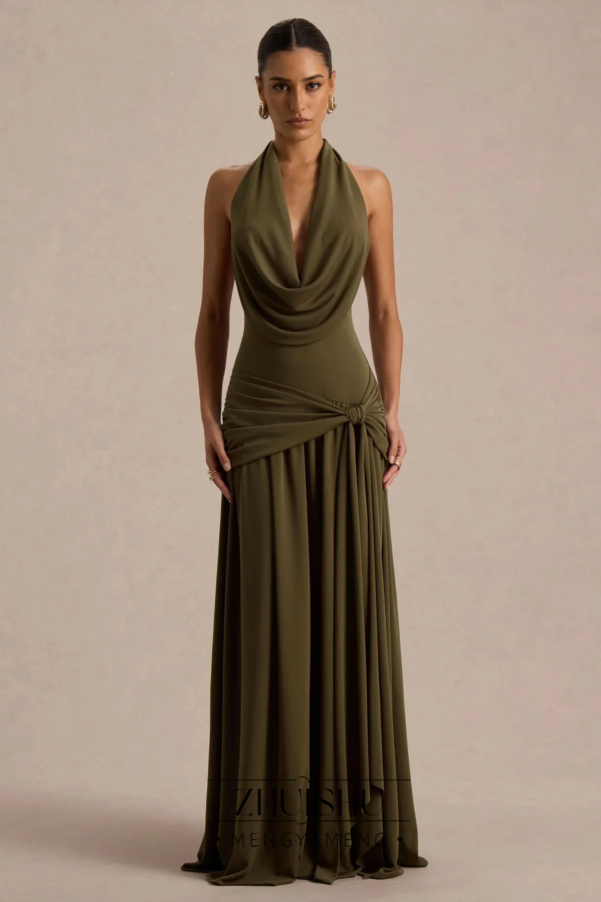 ZHUISHU Draped Collar Sexy Evening Dresses Backless High Slit Sleeveless Long Prom Party Dresses Women Special Occasion Gown