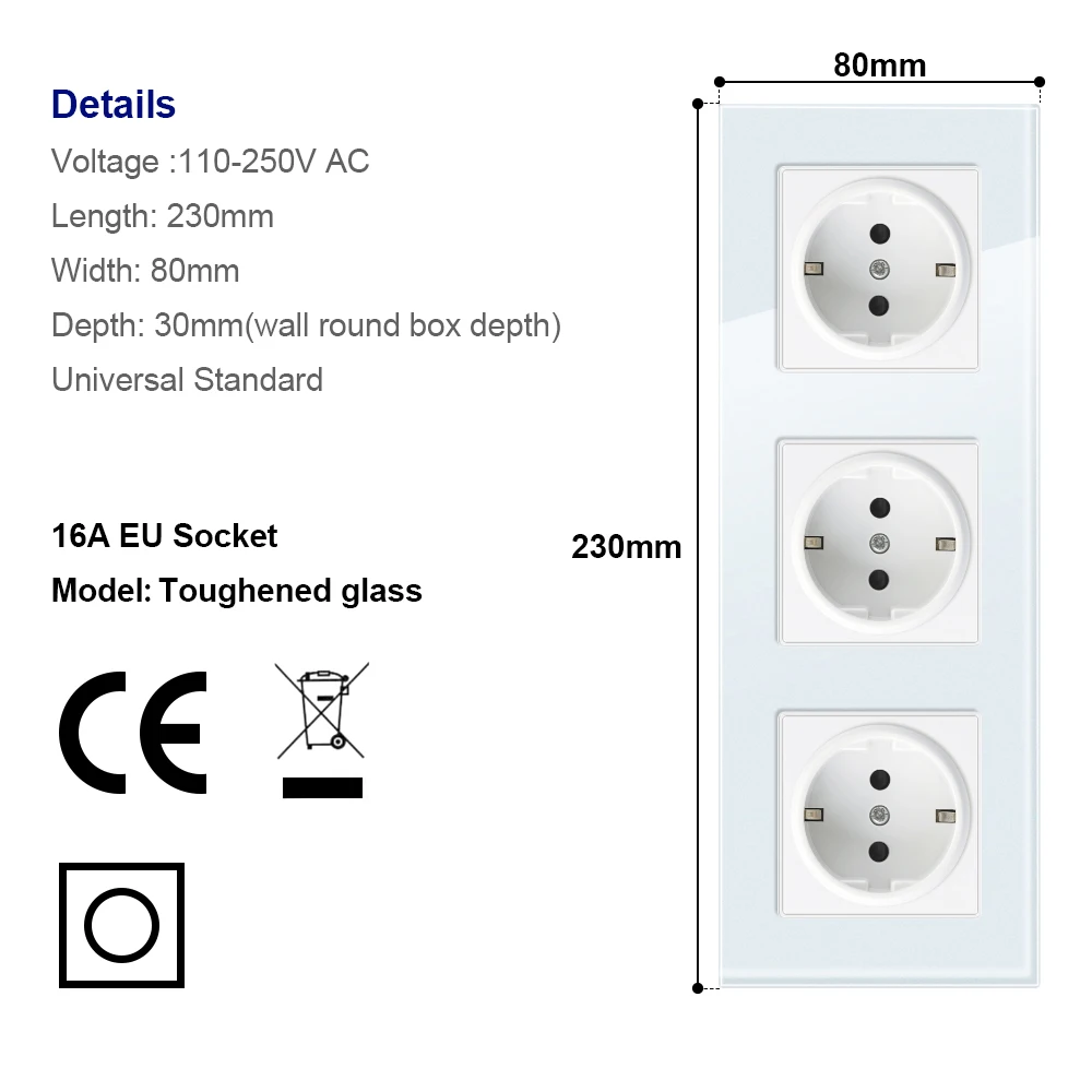 Switch Panel Light Tempered Glass Wall Socket With French EU Standard USB TV RJ45 RJ11 DIY Switch White Color