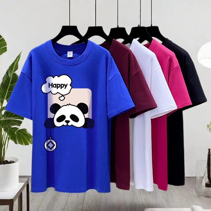 100% pure cotton graphic image teddy bear print loose high-end casual round neck women's short sleeved T-shirt top, women's summ