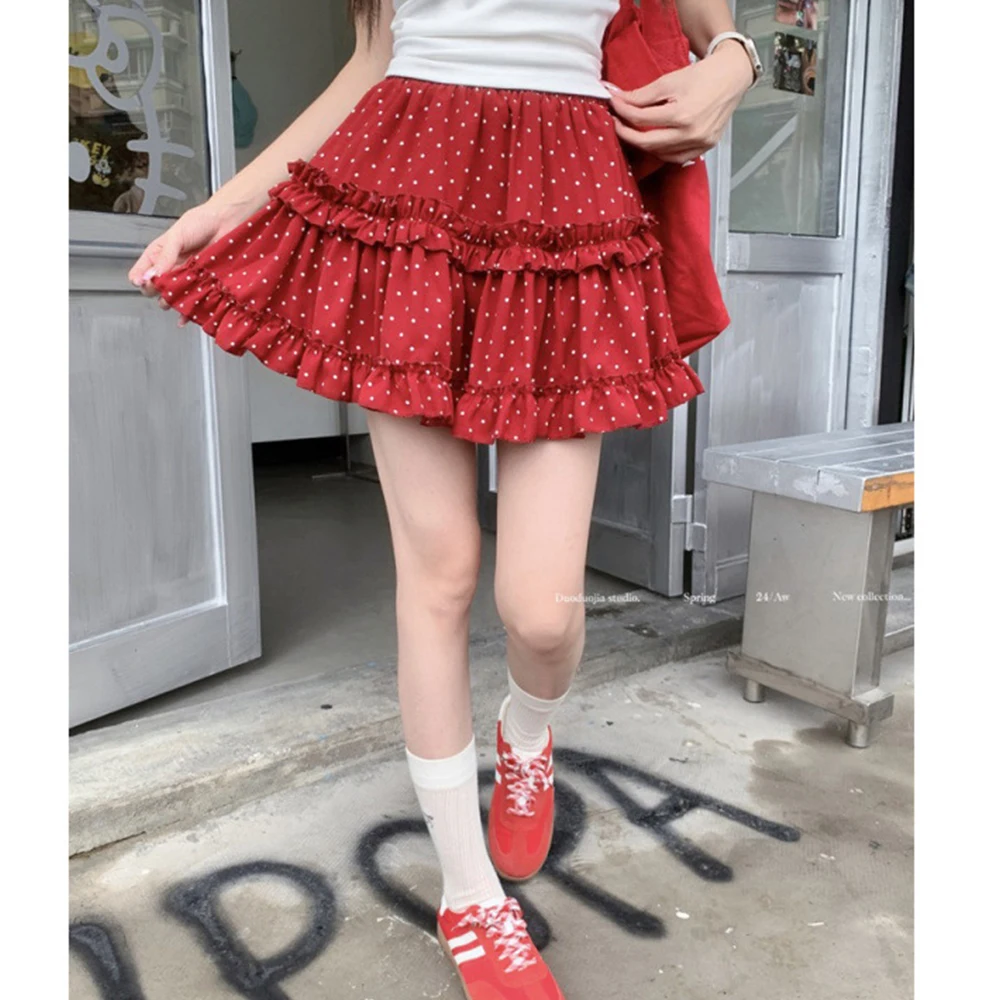 Japanese Women's High Waisted Pleated Skirt Sweet Cake Short Skirt Plus Size Polka Dot Skirt Fashionable 2026 Summer New Item