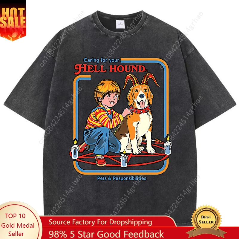

Hellhound print style mens and womens T-shirtcotton shirt street loose fit T-shirt summer breathable short-sleeve style
