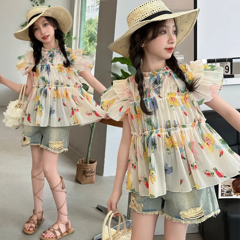 

Summer junior girls clothes sets lotus collar floral Chiffon shirt+hole denim shorts 2pcs teen kids suit blouse Youth outfits 12