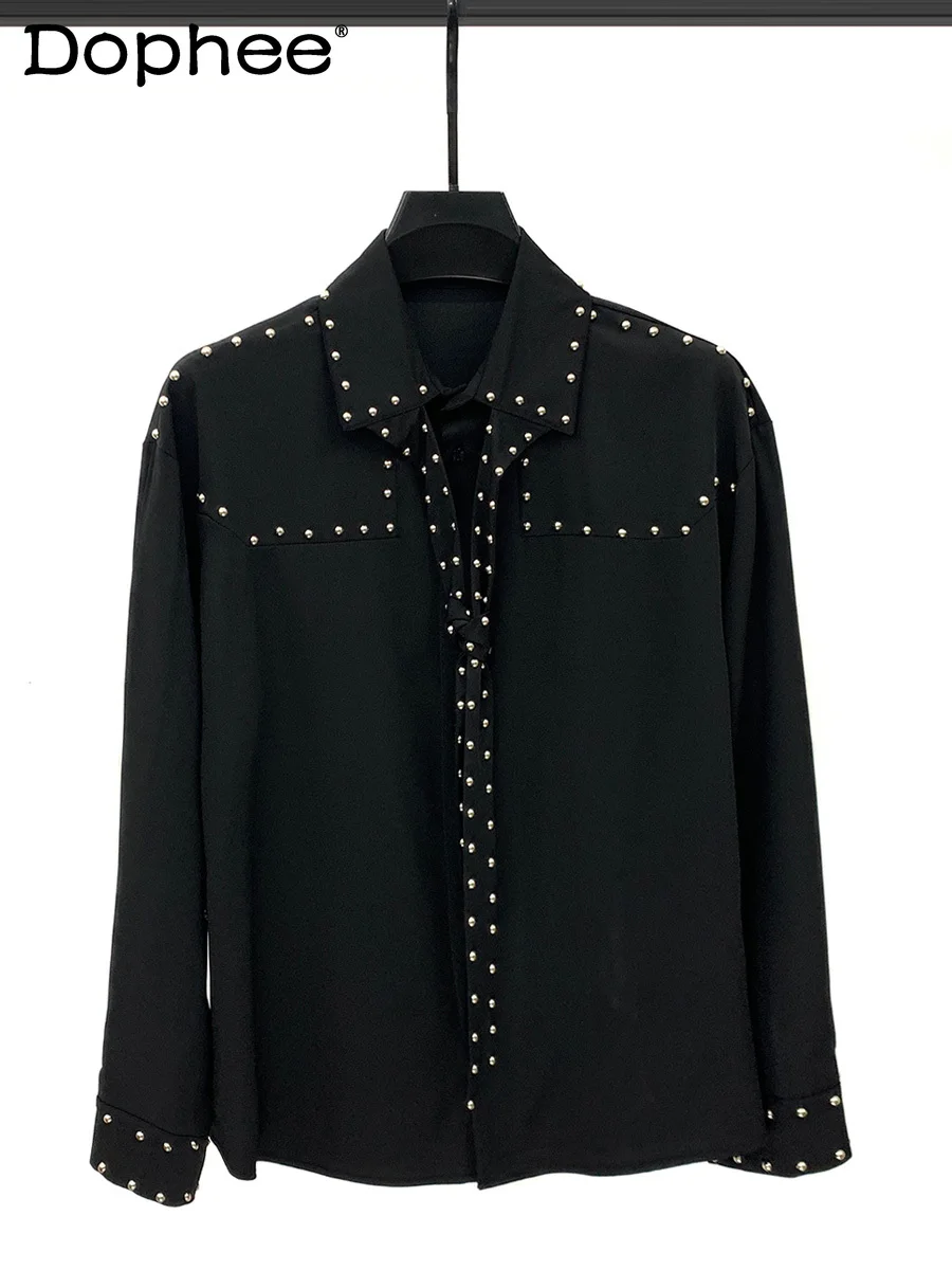 

2025 Autumn New Design Sense Rivet Long Sleeve Shirt Stylish Men's High-end Trendy Casual Loose Tie Collar Shirt