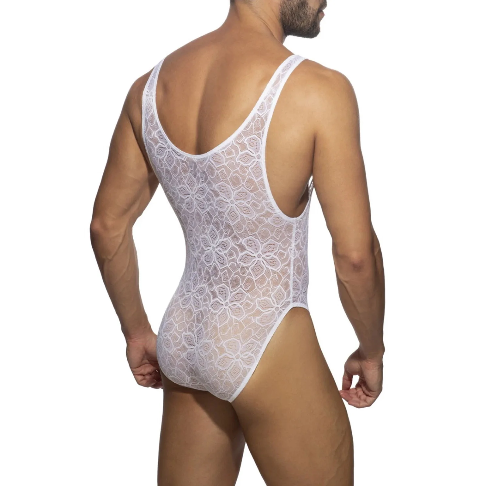 Mens Lingerie Porno Fishnet Pantyhose Bodysuit Deep Scoop Neck Pattern Transparent Thong Bodysuit Tights Fishnet Teddies Costume