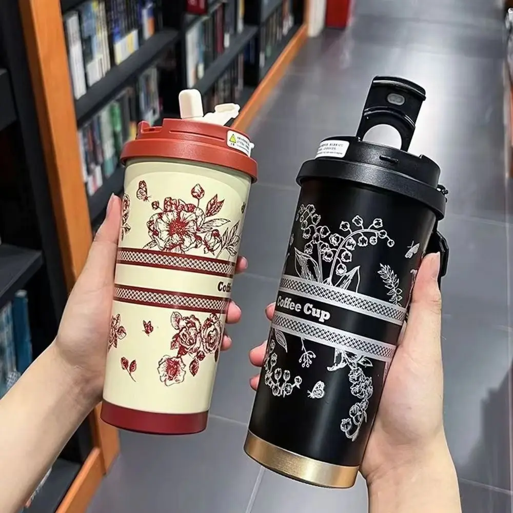 Valley Flower Cute Water Bottle With Straw 500ml Vacuum Insulated Coffee Cup With Straw Leakproof 316 Stainless Steel