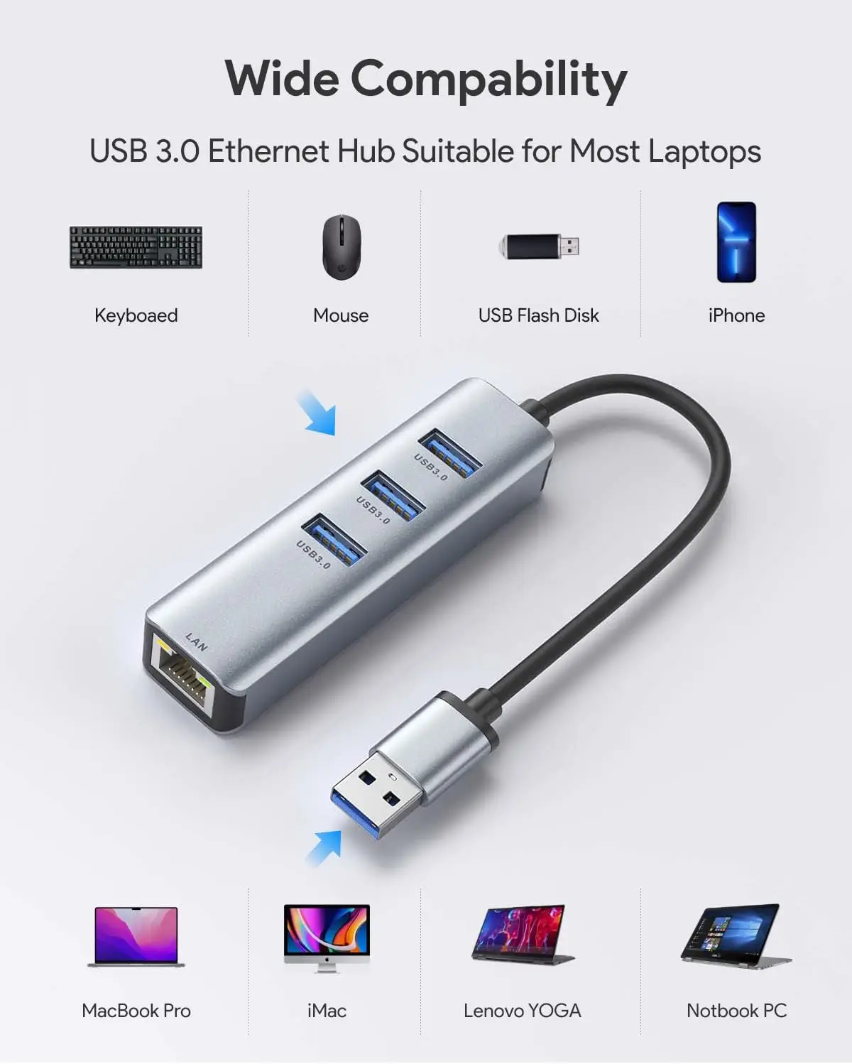 5 uds concentrador USB 3,0 de 3 puertos + adaptador Gigabit Ethernet 10/100/1000 Mbps para PC/Mac/Chromebook/Linux
