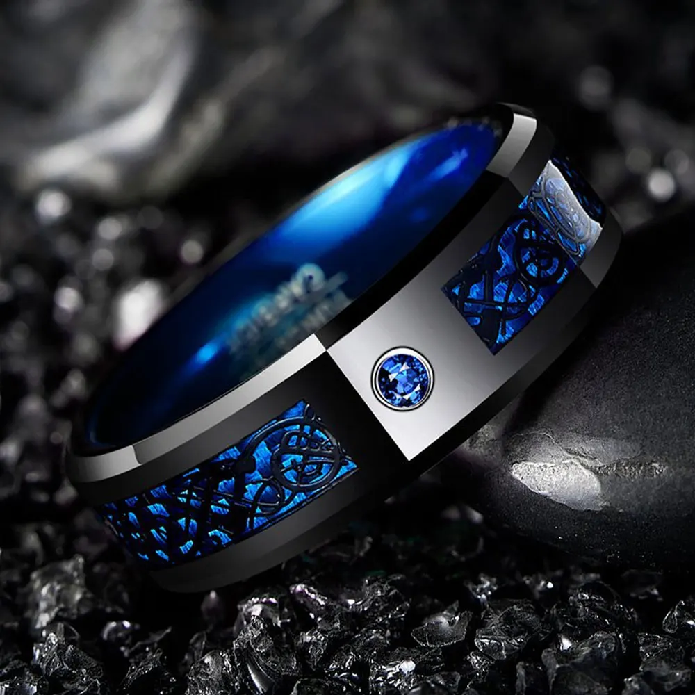 

8mm Black Tungsten Ring for Men & Women Vintage Celtic Knot Inlay Design with Red Zirconia Beveled Rings for Wedding Anniversary