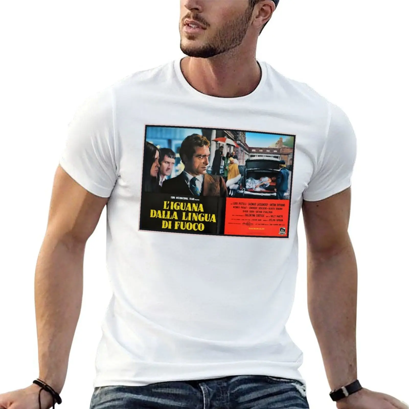 Camiseta The Iguana with the Tongue of Fire - Lobby Card, camiseta de algodón para hombre, camisetas de diseñador para hombre, paquete de camisetas blancas