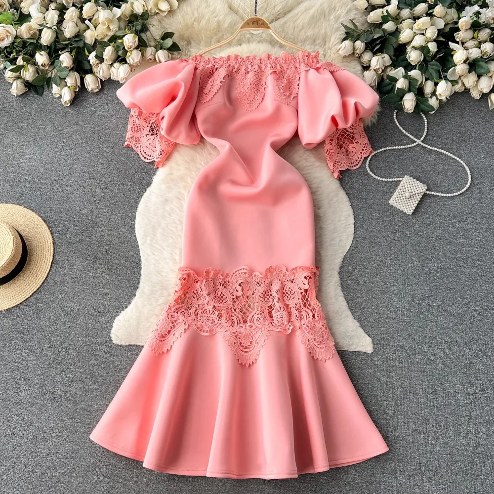 Elegant Sexy High Waist Lace Ruffle Slash Neck Puff Sleeve Dress Vacation Vestidos Slim Women Party Ceremonial Trumpet Dress