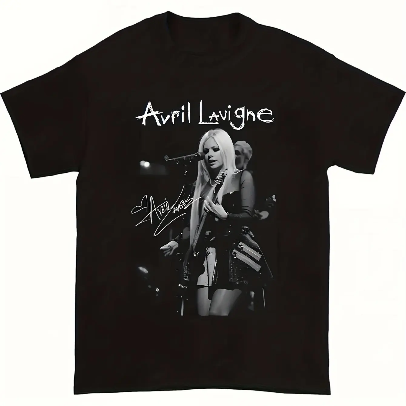 تي شيرت للسيدات من Avril Lavigne Concert بطبعة جرافيك باللونين الأبيض والأسود وشاشة ذات نمط حي مميزة Rock Idol Glamour